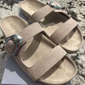 NEW Aerosoles Lemon Slide Sandals in Stone Suede with Silver Buckle
